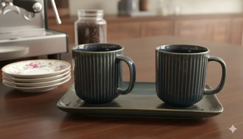 Textured , Ribbed Patten Ceramic Mugs With Rectangular Tray