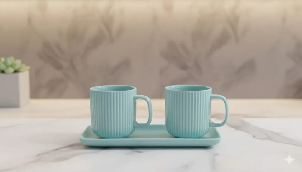 Grooved ( Ribbed ) Ceramic Coffee Mugs With Rectangular Traye